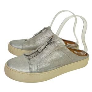 Frye Lena Slip On Mule Sneaker Size 7.5 Silver Metallic Zipper Leather Shoes